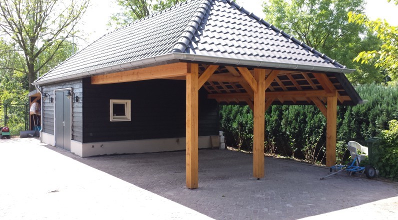 Luxury Douglas fir shed with apex roof and integrated carport