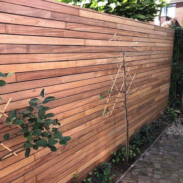 Premium Ipe privacy fence featuring 7 cm refined slats, providing a contemporary look with minimal see-through
